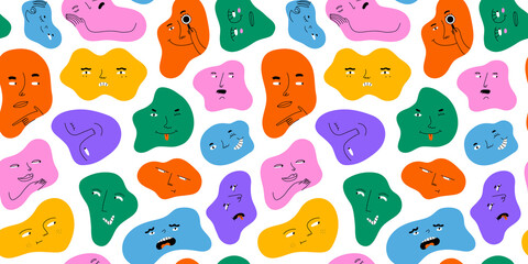 Colorful abstract shape cartoon faces seamless pattern illustration. Funny character art background with diverse emotion and hand gesture. Retro drawing doodle wallpaper print texture.	 - obrazy, fototapety, plakaty