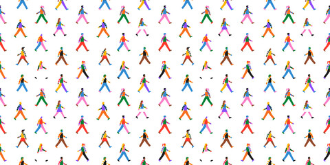 Diverse colorful people group walking together seamless pattern illustration. Rainbow color character crowd background for friendship or team work concept. Different ethnic culture wallpaper texture.