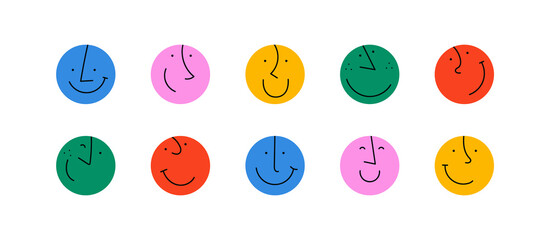 Colorful cartoon character face circle illustration set. Funny people faces doing diverse gesture and mood expression in trendy cartoon style. Social media reaction sticker, children drawing concept.