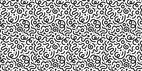 Fun black and white abstract line doodle seamless pattern. Creative minimalist style art background for children or trendy design with basic shapes. Simple childish scribble backdrop.	