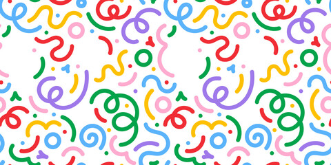 Fun colorful line doodle seamless pattern. Creative minimalist style art background for children or trendy design with basic shapes. Simple childish scribble backdrop.
