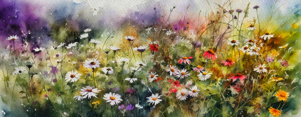 Obraz na płótnie Canvas Watercolor paintings landscape, flowers in the field. Fine art, artwork