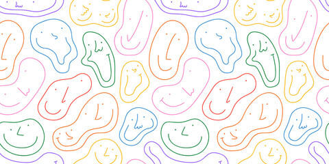 Diverse colorful people melting faces seamless pattern illustration. Multi color happy cartoon characters in funny children doodle style. Friendly community or kid group smiling background print.	