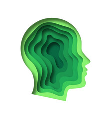 Green paper cut human head, modern 3d papercut nature illustration. Abstract man profile silhouette with layered design. Eco friendly solution, environment care concept.