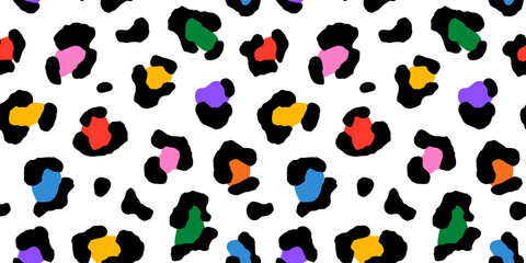 Colorful animal print seamless pattern illustration. Multi color leopard skin texture background. Rainbow wild safari backdrop, abstract art fashion fabric design.  © Dedraw Studio