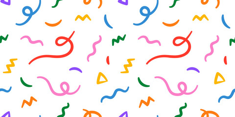 Fun colorful line doodle seamless pattern. Creative minimalist style art background for children or trendy design with basic shapes. Simple childish scribble backdrop. - obrazy, fototapety, plakaty
