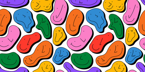 Diverse colorful people melting faces seamless pattern illustration. Multi color happy cartoon characters in funny children doodle style. Friendly community or kid group smiling background print.	