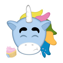 vector illustration face of a cartoon unicorn eating a cupcake or muffin