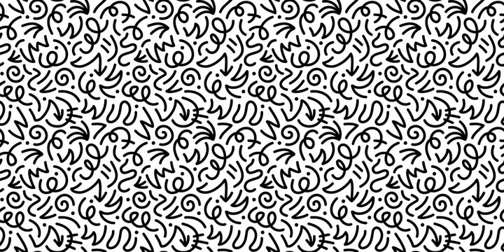 Fun black and white abstract line doodle seamless pattern. Creative minimalist style art background for children or trendy design with basic shapes. Simple childish scribble backdrop.	
