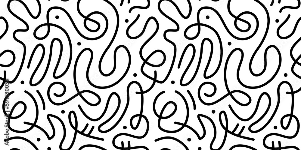 Leinwandbilder Fun black and white line doodle seamless pattern. Creative abstract squiggle style drawing background for children or trendy design with basic shapes. Simple childish scribble wallpaper print.