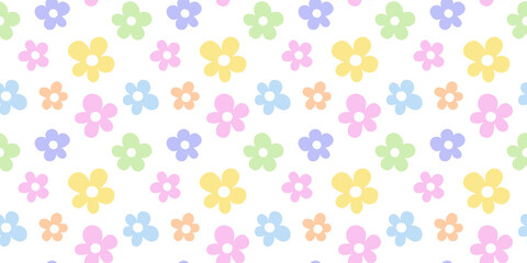 Fototapeta na wymiar Trendy floral seamless pattern illustration. Vintage 70s style hippie flower background design. Colorful pastel color groovy artwork, y2k nature backdrop with daisy flowers.