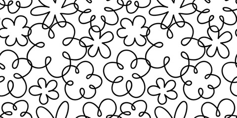 Black and white floral seamless pattern illustration. Vintage 70s style hippie flower background design. Y2k nature backdrop with daisy flowers.	
