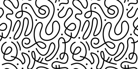 Fun black and white line doodle seamless pattern. Creative abstract squiggle style drawing background for children or trendy design with basic shapes. Simple childish scribble wallpaper print. - obrazy, fototapety, plakaty