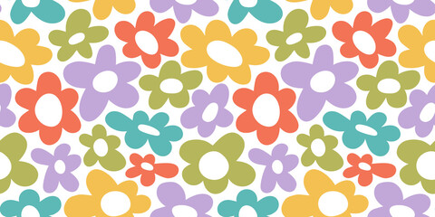 Colorful floral seamless pattern illustration. Vintage flower background art design. Retro pastel color spring artwork, groovy seventies nature backdrop with hippie flowers.