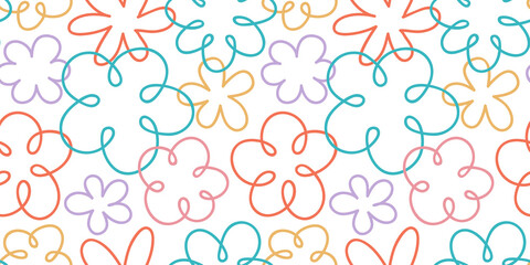 Colorful floral doodle seamless pattern illustration. Vintage flower drawing background design. Retro pastel color spring artwork, abstract hand drawn nature backdrop with daisy flowers.