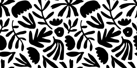 Black and white flower seamless pattern illustration. Children style floral doodle background, funny basic nature shapes wallpaper.