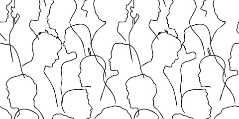 Diverse people crowd silhouette abstract art seamless pattern. Multi-ethnic community, cultural diversity group background drawing illustration in black and white.