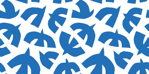 Abstract bird animal shape seamless pattern. Contemporary art flat cartoon background, simple birds flying in bright blue sky colors.