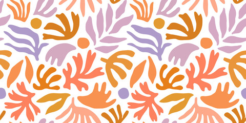 Abstract plant leaf art seamless pattern with colorful freehand doodle collage. Organic leaves cartoon background, simple nature shapes in vintage pastel colors.