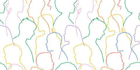 Colorful people crowd silhouette abstract art seamless pattern. Multi-ethnic community, cultural diversity group wallpaper background, diverse crowd drawing  print.