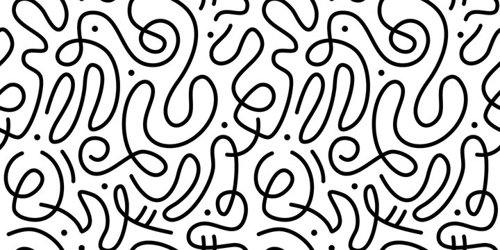 Fun black and white line doodle seamless pattern. Creative abstract squiggle style drawing background for children or trendy design with basic shapes. Simple childish scribble wallpaper print.