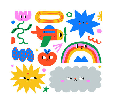 Naklejki Set of colorful abstract shape kid cartoon character illustration. Trendy 90s style funny children art collection with cute faces and drawing doodle.