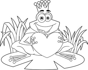 Outlined Frog Prince With Gold Crown Cartoon Character Holding A Love Heart. Vector Hand Drawn Illustration Isolated On Transparent Background