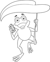 Outlined Cute Frog Cartoon Character Holds A Leaf Umbrella And A Wad Of Dollars. Vector Hand Drawn Illustration Isolated On Transparent Background