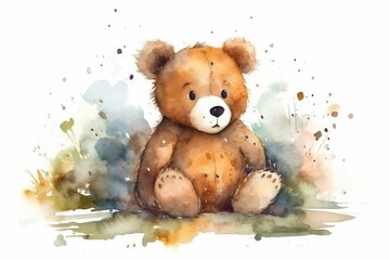 cute watercolor illustration for kids of a bear, clipart, white background