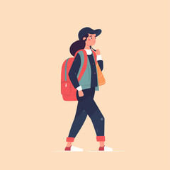 Fototapeta premium Woman with a suitcase. Adventure vector of a lady traveling with baggage. Tourism flat illustration