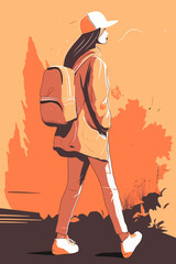 Woman with a suitcase. Adventure vector of a lady traveling with baggage. Tourism flat illustration