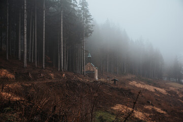 A foggy scenery of an old chapel near the forest. Orlicke hory, Czechia