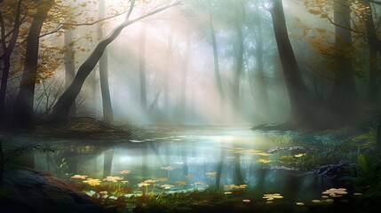 Eine geheimnisvolle, neblige Waldlichtung, große Bäume ragen in den Himmel, ein kleiner Teich in der Mitte, dessen Oberfläche von Kieselsteinen unterbrochen wird, die Lichtstrahlen durch die Blätter