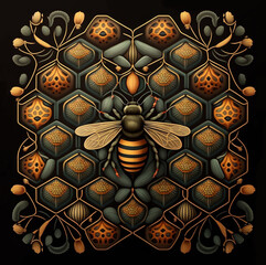 Abstract honeycomb and bee pattern background in orange black color for World Bee Day, Honey Bee Day. Generative AI