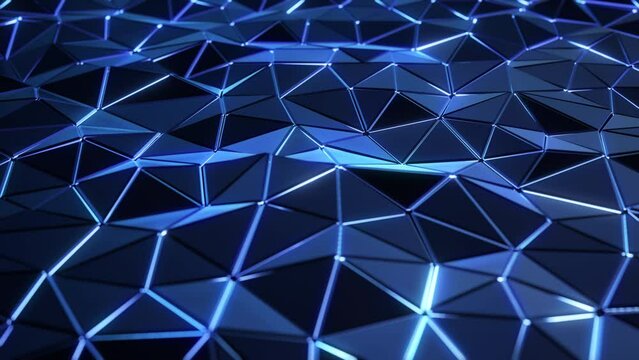Abstract 3d animation, dark looped background. geometric low poly shiny surface, glowing light, blue colors. polygonal triangle shapes. Animated stock motion design, technology modern style.