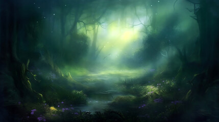 Naklejka premium Fantastic, dreamy, sparkling, mysterious magical green forest with mist created with Generative AI technology