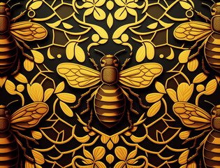 Abstract gold bee and floral pattern background in black yellow color for World Bee Day, Honey Bee Day. Generative AI