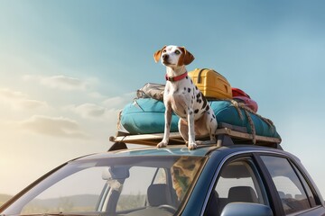 the dog sits on roof of the car, generative ai