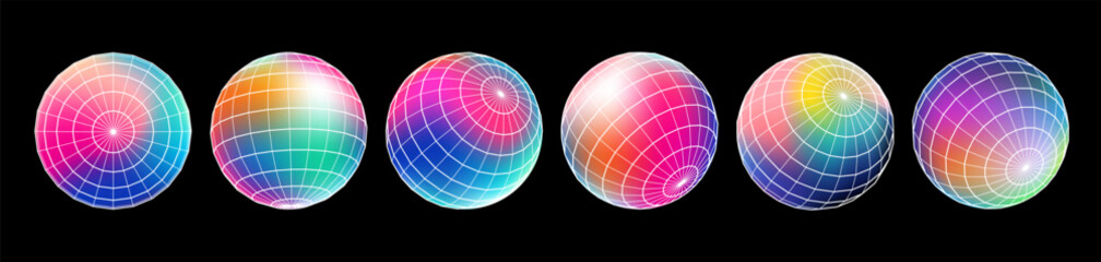 Gradient Spherical Grid set, holographic vibrant round icon. Multicolor buttons can be used in banner, social media, web, as design element.