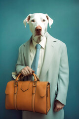 Dog businessman with suitcase, vintage style illustration, antrophomorfic dog, Generative AI