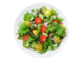 plate of salad with fresh vegetables isolated on transparent background, top view