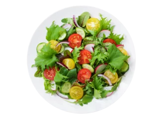 Fotobehang plate of salad with fresh vegetables isolated on transparent background, top view © Nitr