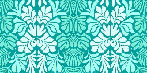 Turquoise abstract background with tropical palm leaves in Matisse style. Vector seamless pattern.