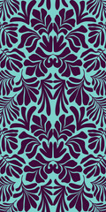 Turquoise purple abstract background with tropical palm leaves in Matisse style. Vector seamless pattern.