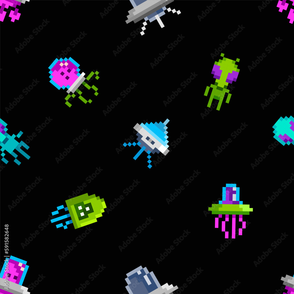 Poster funny pixel ufo aliens - vector seamless pattern. simple colorful monsters on black in 8-bit retro p