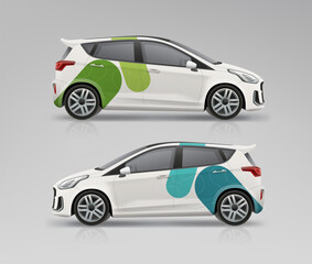 Brand identity conept and Company Car Muck-Up vector template. Abstract blue and green graphics design for corporate style on car
