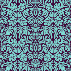 Turquoise purple abstract background with tropical palm leaves in Matisse style. Vector seamless pattern.