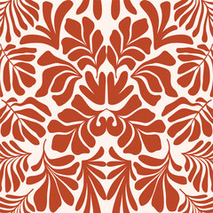Brown white abstract background with tropical palm leaves in Matisse style. Vector seamless pattern. - 591582697