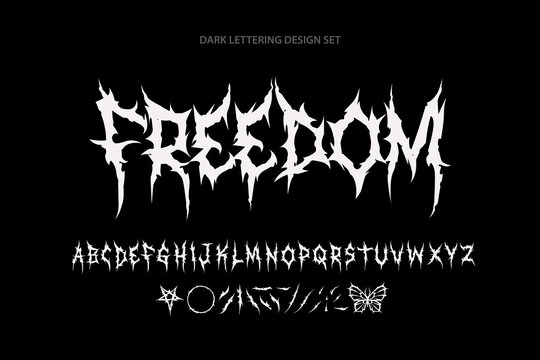 Y2k Freedom Dark Lettering tattoo vector type font. Grunge style type font with Gothic Pank Rock and Dark Rock signs and symbols. Scary tattoo font 00s concept. Rock n Roll style lettering