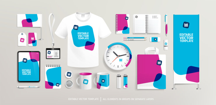 Promotional souvenirs with Brand Identity design concept on stationery. Stationery mock-up template. Brand presentation mock-up set. Promotion AD  vertical banner design. Editable vector template
